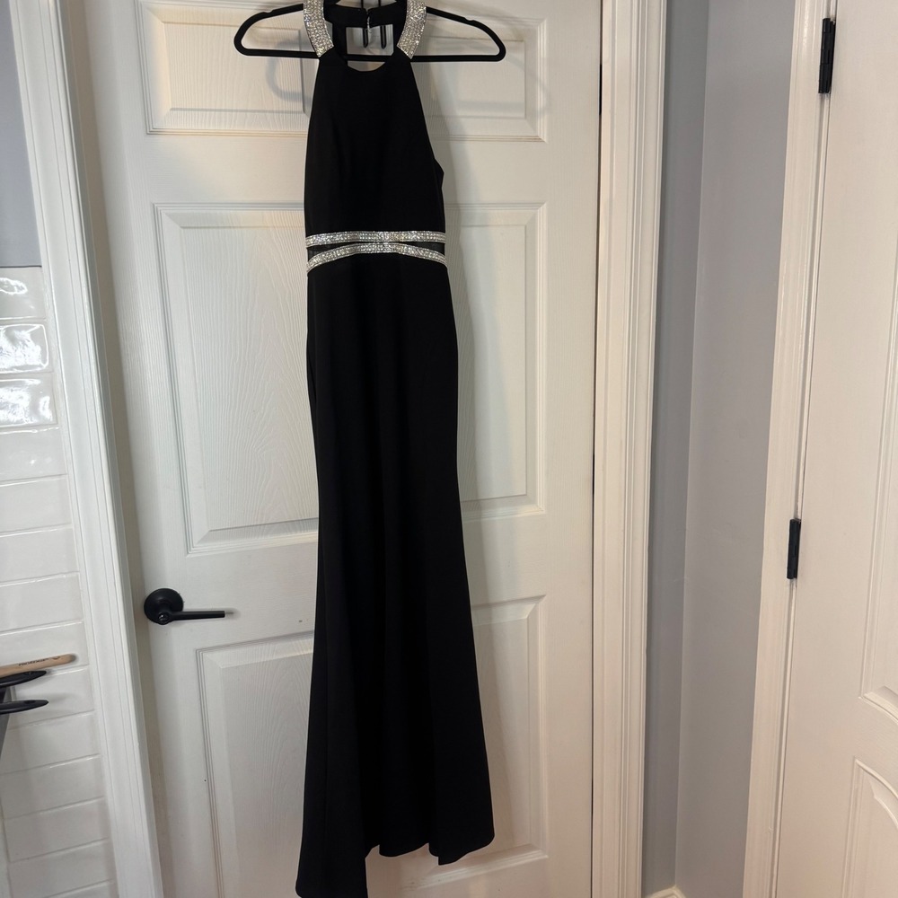 My Michelle Gown Dress Women 5 Black Halter Rhinestone Illusion Cutout Formal